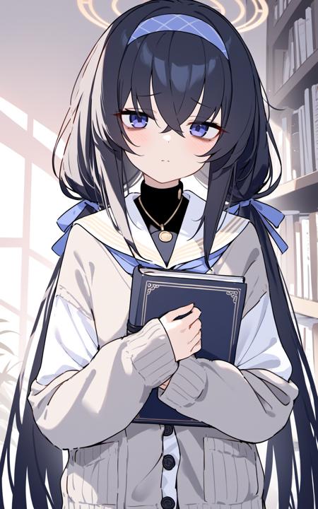 29170359-68235786-(masterpiece), (best quality), 1girl, ui (blue archive), solo, book, long hair, black hair, holding book, holding, hairband, ban.png